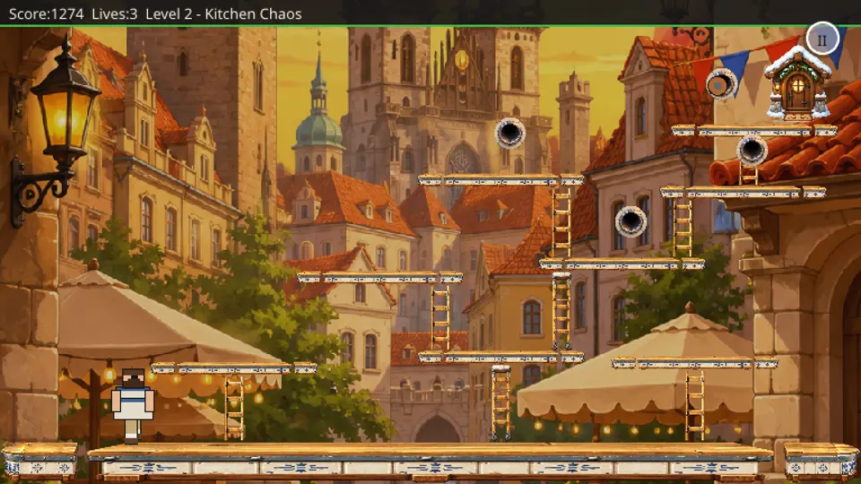 Marek gameplay in the horizontal Kitchen Chaos level overlooking a colourful old town