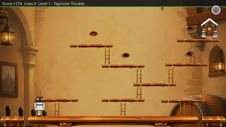 Marek gameplay in the horizontal Taproom Trouble level with ladders and platforms